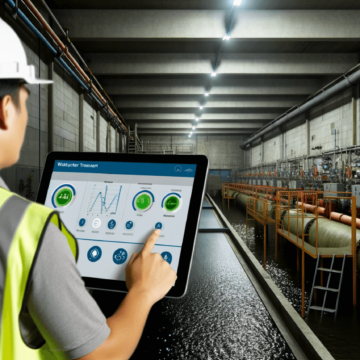 A human holding an iPad with analytics data in a wastewater treatment plant.